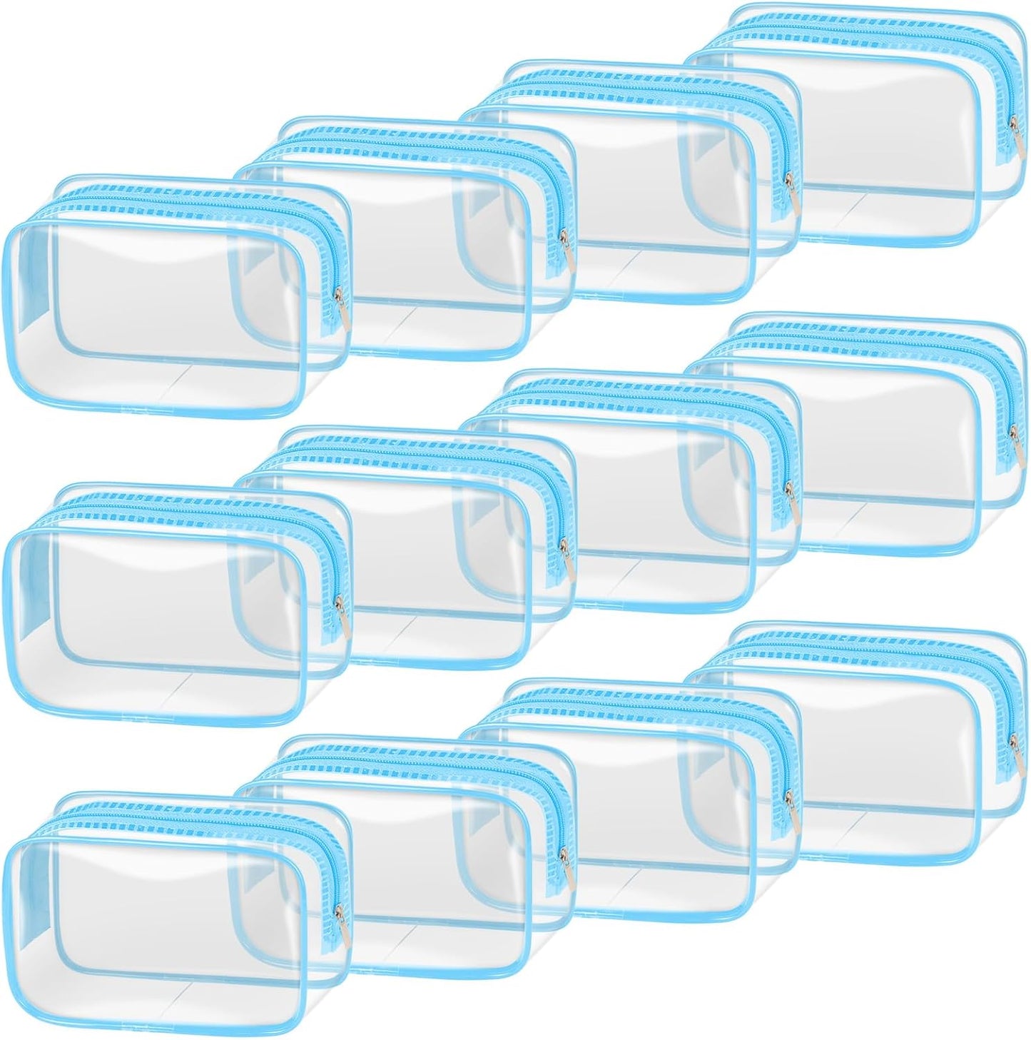 TISRATOK 12 PCS Clear Makeup Bag for Women with Zipper, TSA Approved Toiletry Pouch, Cosmetic Bag Bulk for Travel Organizer Essentials - Blue,Small