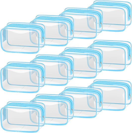 TISRATOK 12 PCS Clear Makeup Bag for Women with Zipper, TSA Approved Toiletry Pouch, Cosmetic Bag Bulk for Travel Organizer Essentials - Blue,Small