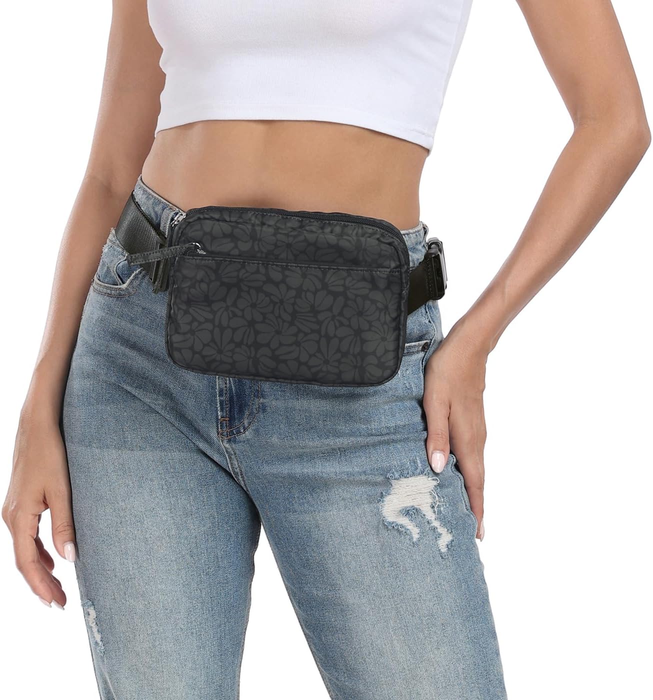 HDE Belt Bag 2L Fanny Pack Cross Body with Adjustable Strap Travel Waist Pack - Black Floral Pop