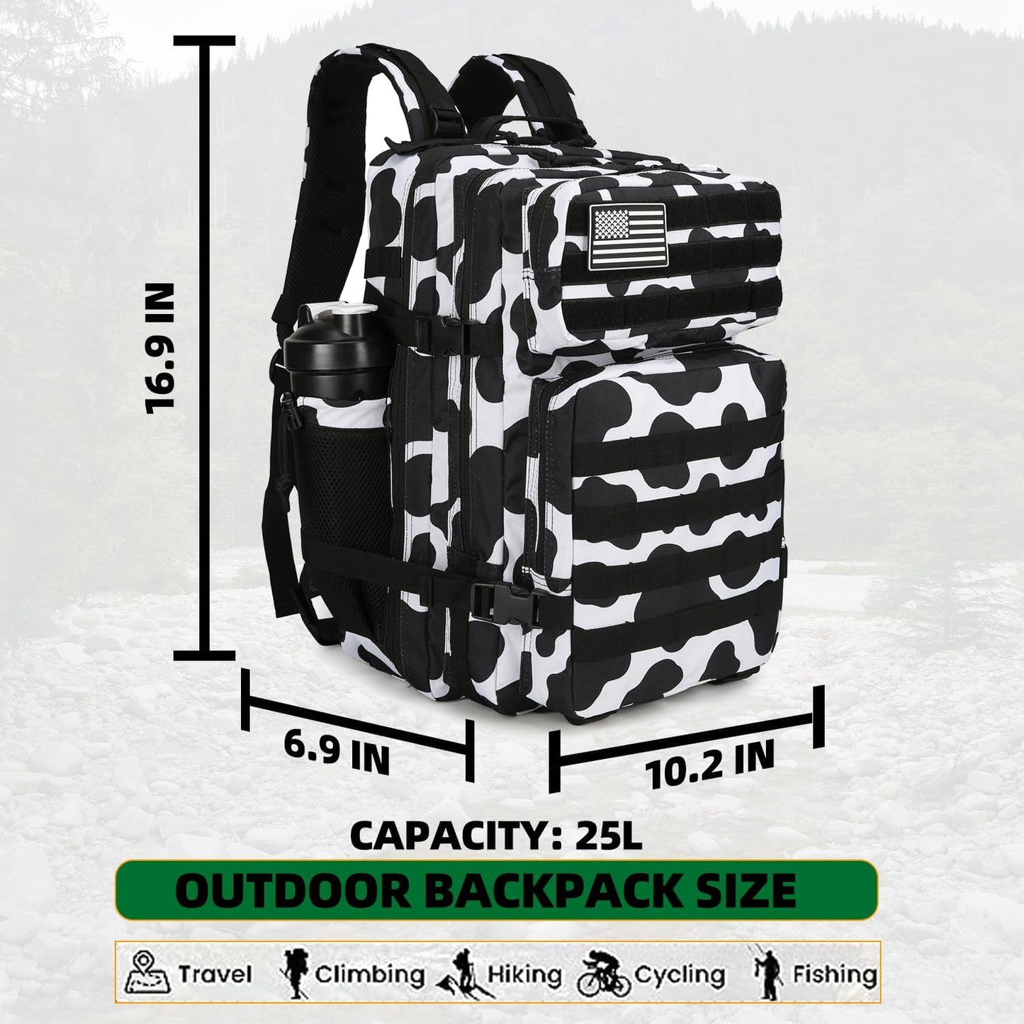 25L Tactical Backpack Military Tactical Backpack for Men and Women Small Assault Pack Outdoor Travel Hiking Camping Rucksack with Molle Webbing (Cow Print)