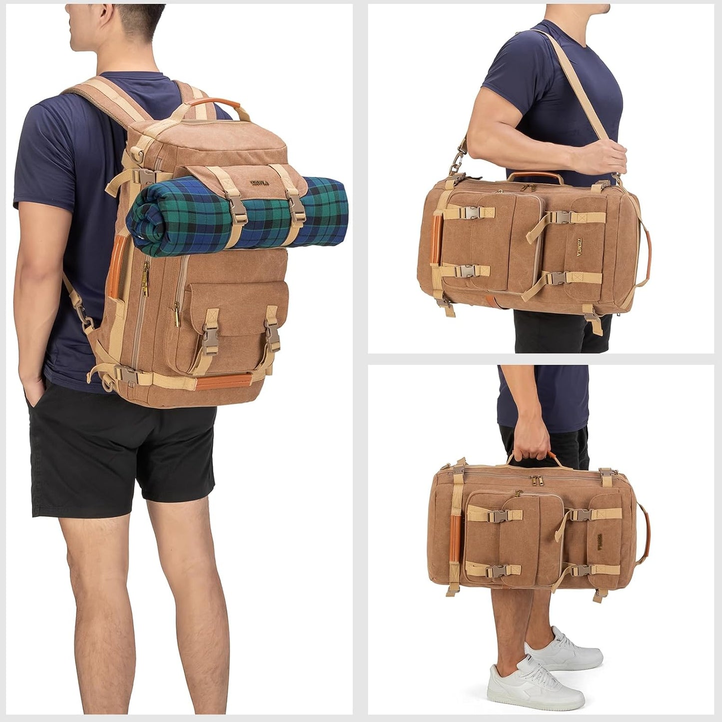 Tzowla Canvas Travel Backpack Carry on Flight Approved,Large Vintage Messenger Bag,3-in-1 Convertible Backpacks Duffel Bag,Personal ltem Laptop Rucksack for Men and Women Fit 17 Inch Laptop(Brown)