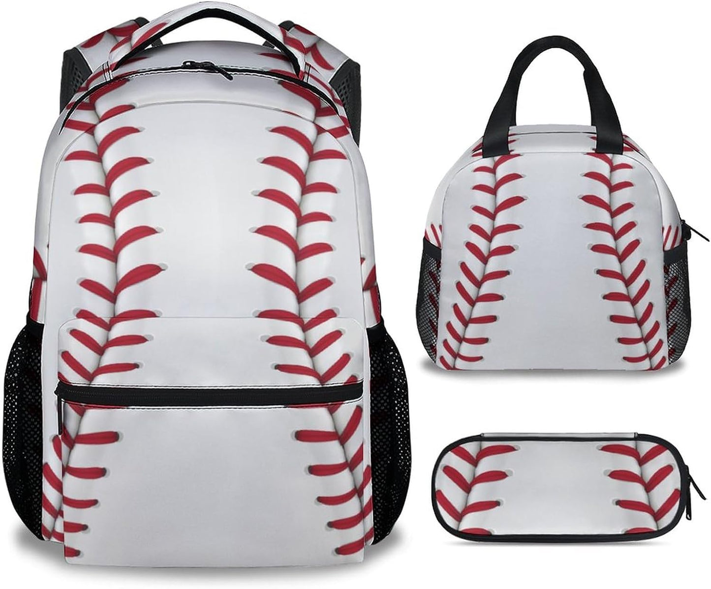 Baseball Backpack with Lunch Box Set for Boys, 3 in 1 School Backpacks Matching Combo, Sports White Bookbag and Pencil Case Bundle