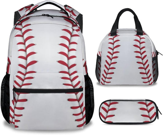 Baseball Backpack with Lunch Box Set for Boys, 3 in 1 School Backpacks Matching Combo, Sports White Bookbag and Pencil Case Bundle