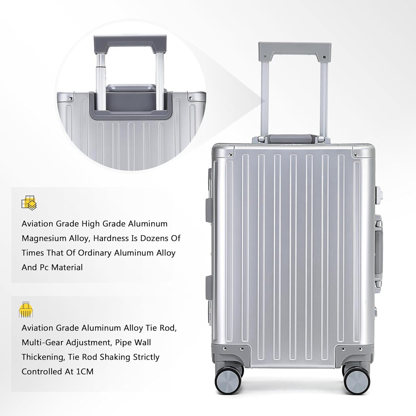 YYW All aluminum-magnesium Carry-On Luggage 24 Inch,Airline Approved Lightweight Suitcase with TSA Lock and Silent Wheels,Suitable for business travel (Silver, 24in)