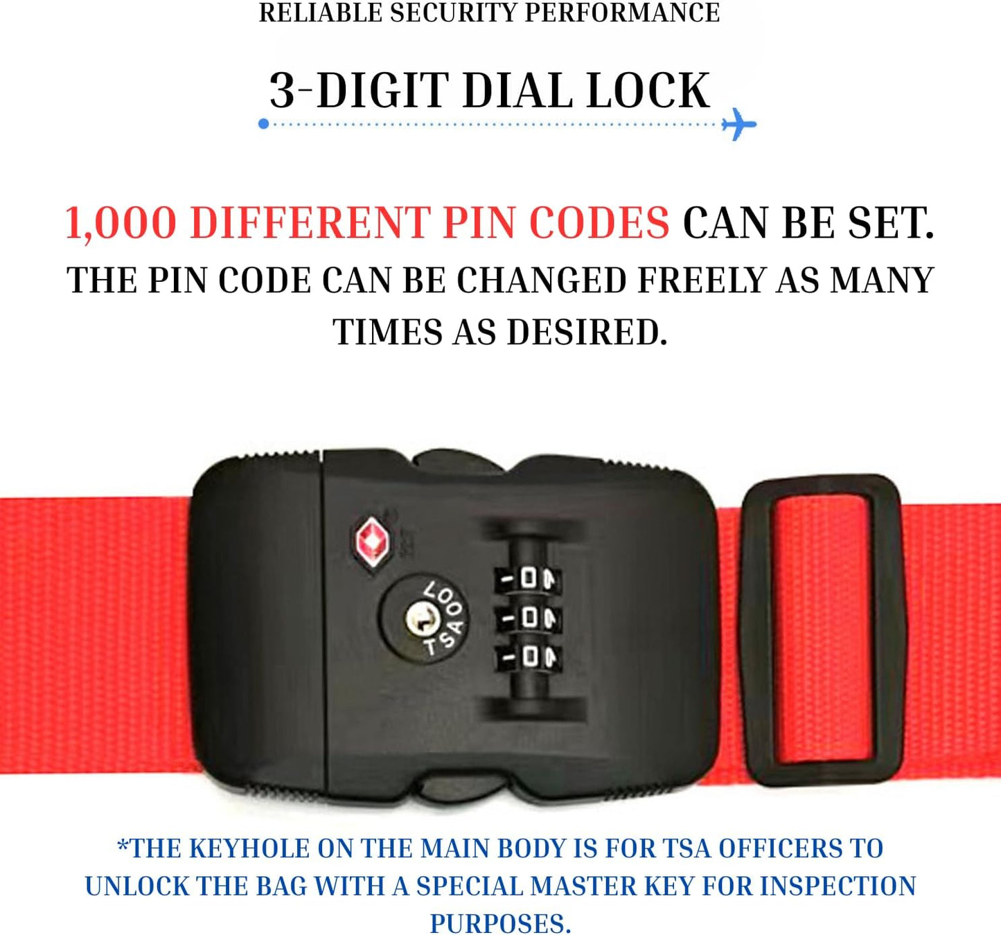 Suitcase Belt TSA Lock dial Type, I-Shape, English Instructions, Length Adjustable, Lightweight Type, Carrying case Marker, Travel, Business Trip, Luggage Collapse Prevention (Blue)