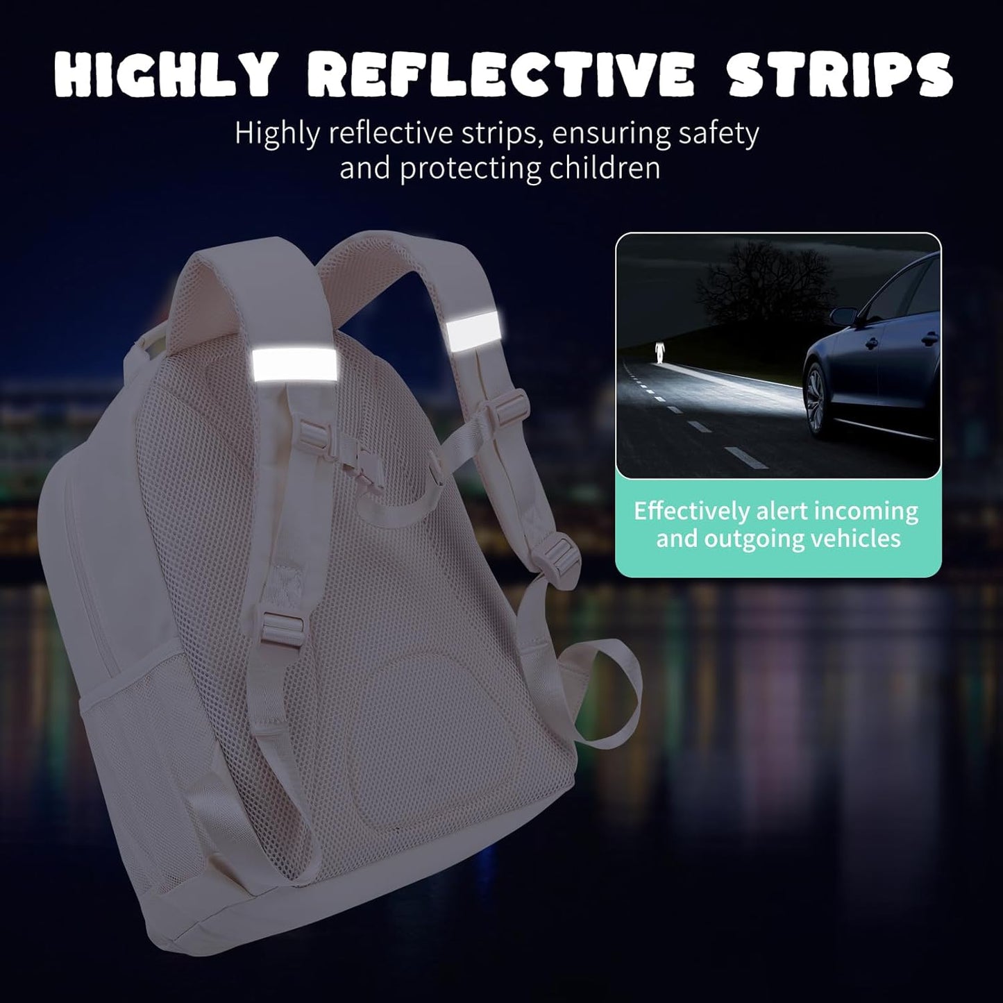 NOL Natural Organic Lifestyle Kids Backpack, School Backpacks for Teens Girls Boys, School Bookbag with Pencil Bag & Reflective Stripe for Elementary School - Cream