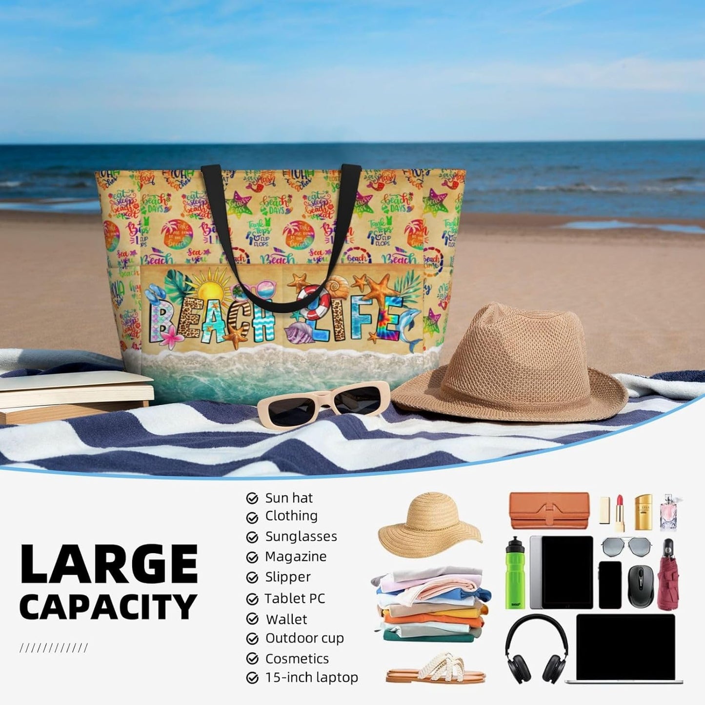 Large Beach Tote Bag Beach Bag Waterproof Sandproof Lightweight Women Tote