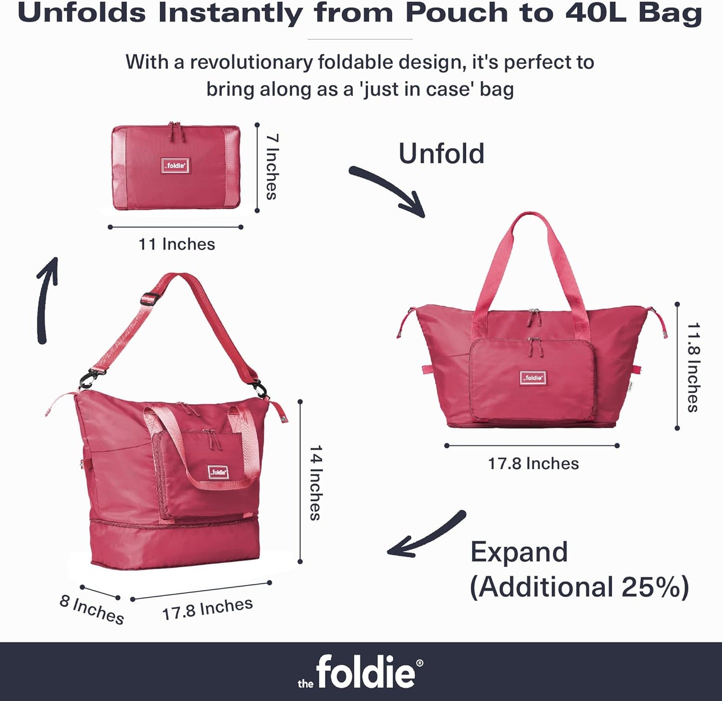 The Foldie Foldable Travel Bag for Women - 40L Weekender Bag with Multiple Pockets - Carry On Expendable Travel Bag