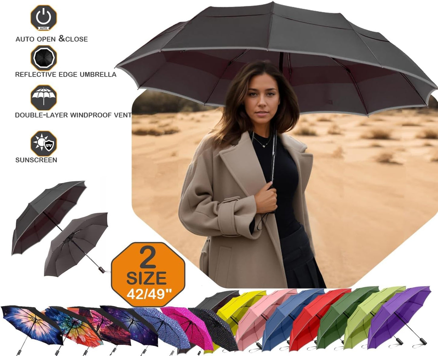 MRTLLOA 42/49 Inch Compact Windproof Travel Umbrella for Rain, Lightweight, Portable, Automatic