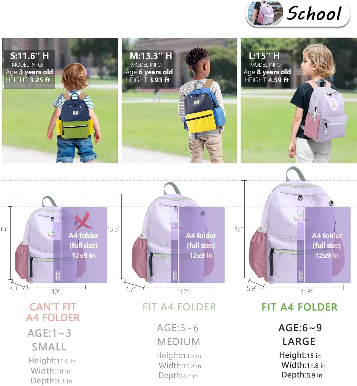 Kids Backpacks, Unisex, Purple, 15" H, 1L, Modern, Animal Theme, 6-9 Years, Elementary School, Travel, 1.9" W x 0.78" D