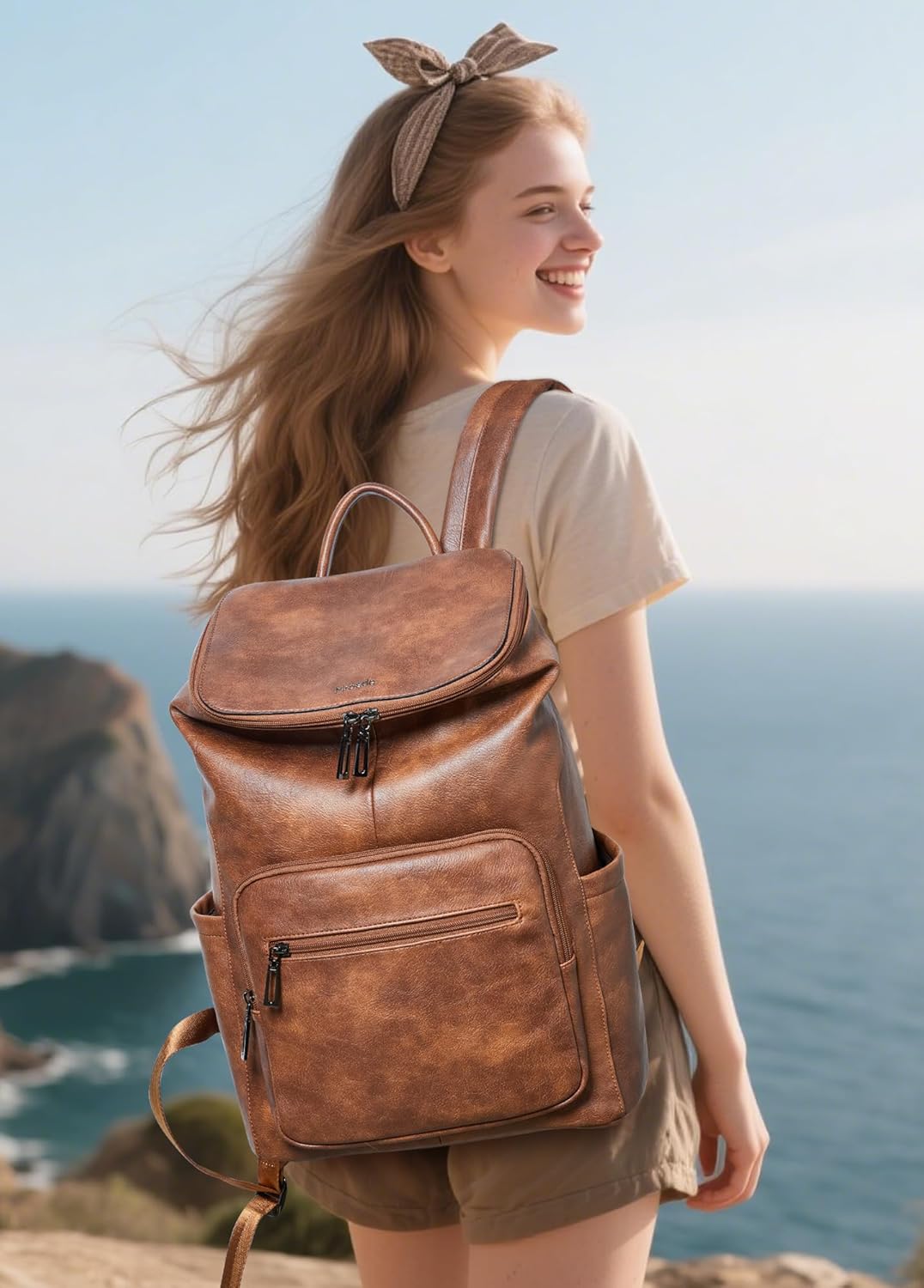 Leather Laptop Backpack for Women, 15.6 Inch Travel Backpack with Laptop Compartment, Casual Daypack Fashion Travel Backpack Purse for Travel College Work, Brown