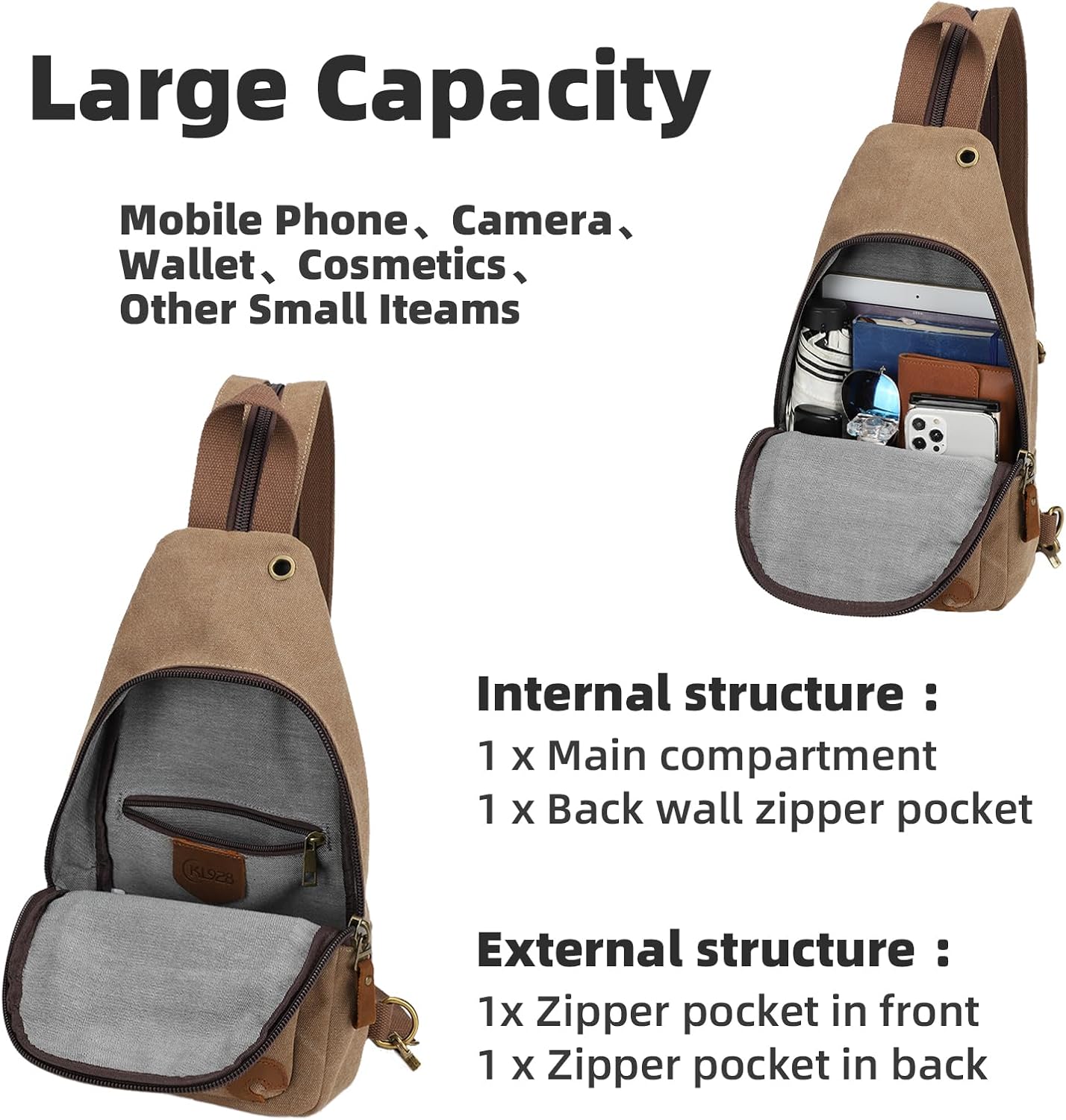 KL928 Canvas Sling Bag Crossbody Backpack Shoulder Casual Rucksack for Men Women,Brown