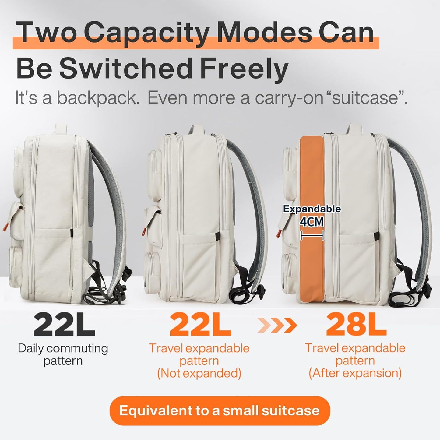 mixi Large Capacity Expandable Travel Backpack for Women & Men 15.6'' Laptop Carry On Weekender Bag Outdoor Hiking with Multifunction Pockets 180° Open Water Resistant 18 Inch 28L, Moonlight White