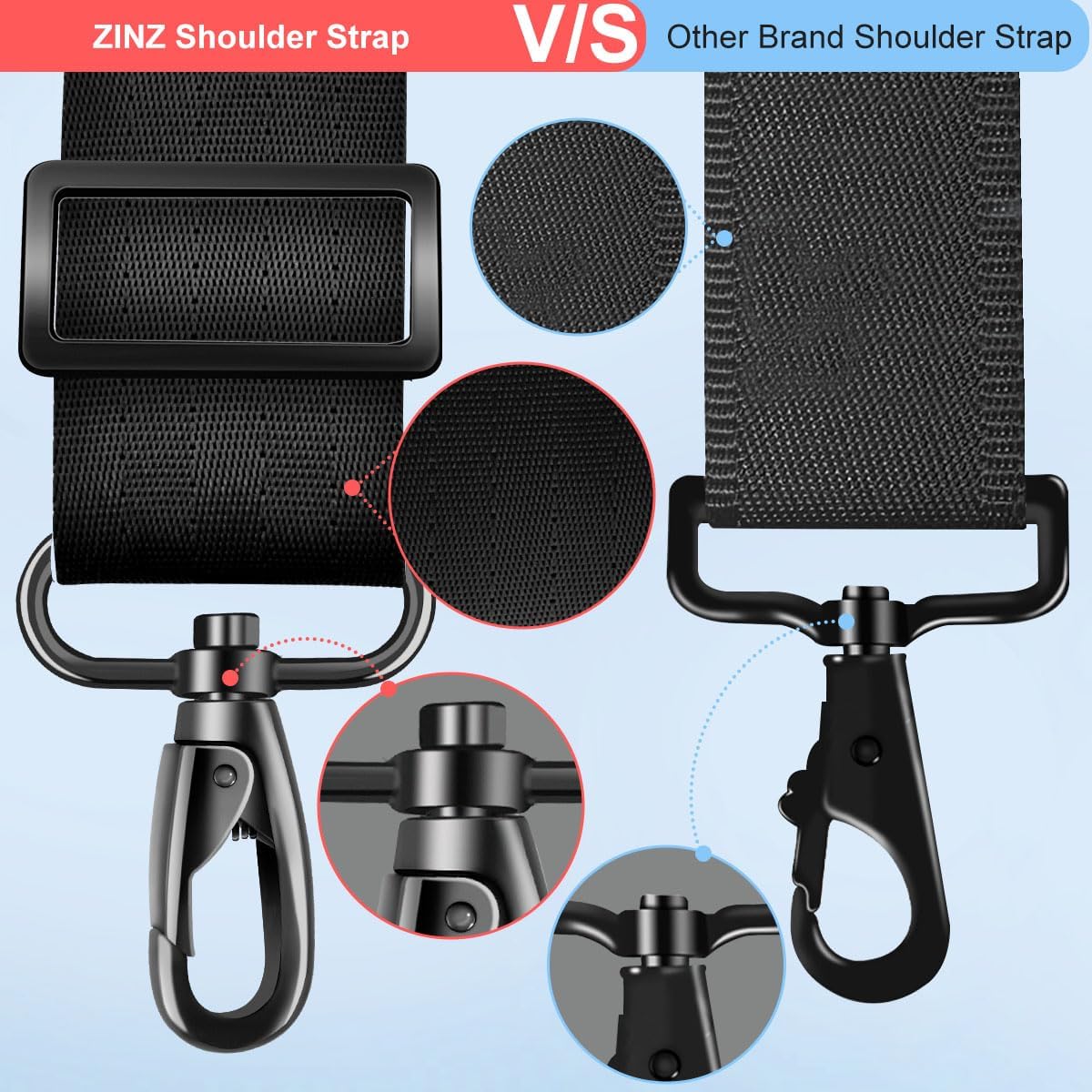 ZINZ 79" Bag Shoulder Strap with Ultra Cushion Breathable Pad,Durable Strap with Double Adjustable Buckles and Metal Hooks for D-ring Bags,Ideal for Individuals 5'11"and Taller,Black