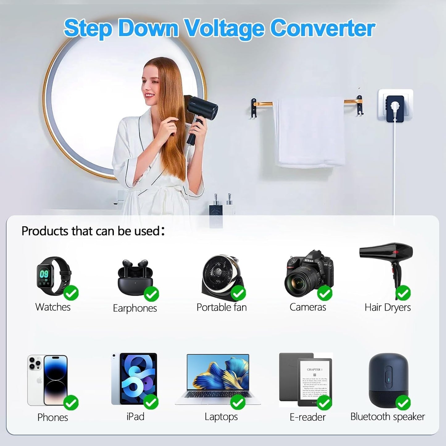 220V to 110V Voltage Converter US to Europe for Hair Dryer with Fast Charging 2 USB A 2 USB C, Power Converter Adapter Combo International Adapter C A I G (Black)
