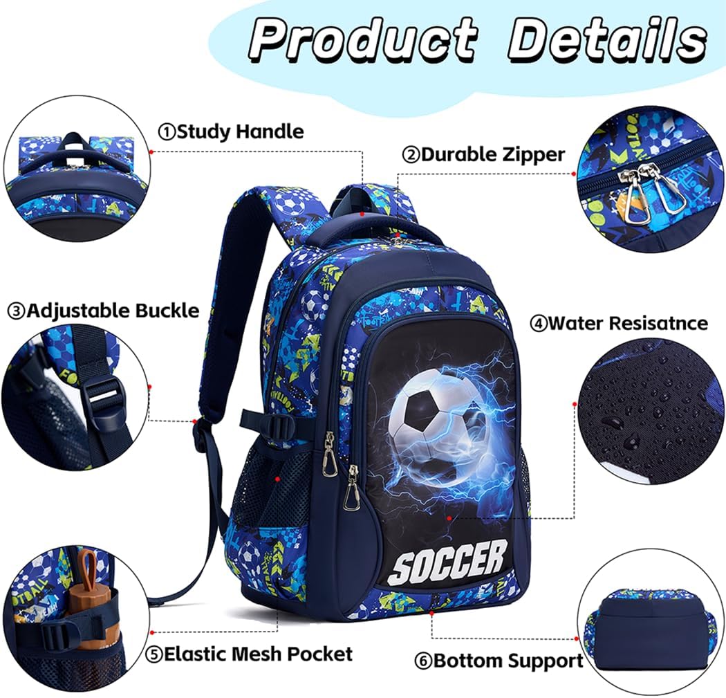 Kids Backpack for Boys Soccer School Backpacks Boy Spacious Laptop Bookbag Elementary Schoolbag Waterproof Durable (Blue)
