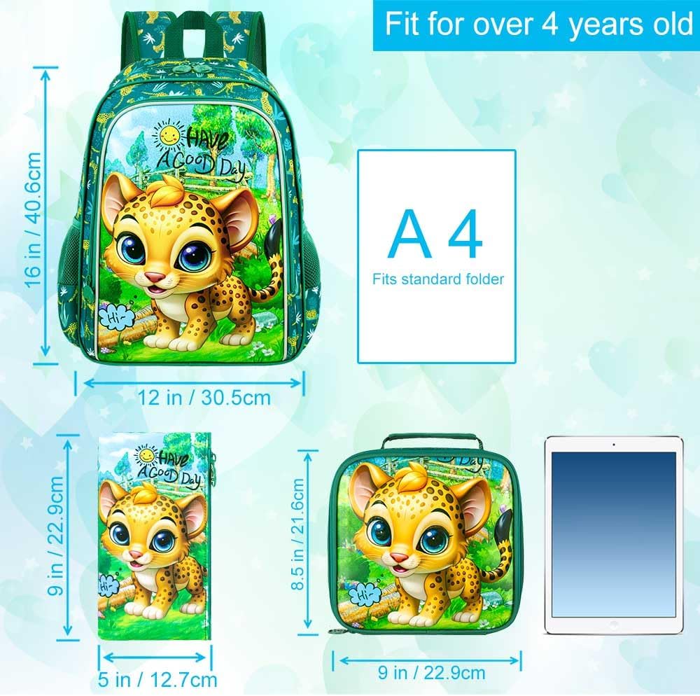 gxtvo 3PCS Boys Leopard Bookbag, 16" Kids Backpack with Lunch Box, Water Resistant Elementary Preschool Toddler School Bag