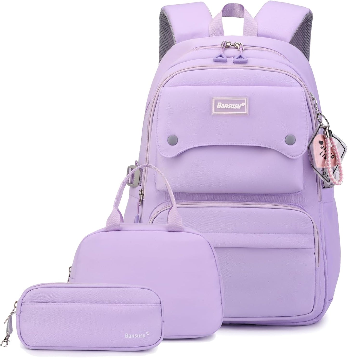 3Pcs Purple Kids Backpack for Teen Girls with Lunchbox, Girls Backpack Multi-Pocket Casual School Bag, Purple 02