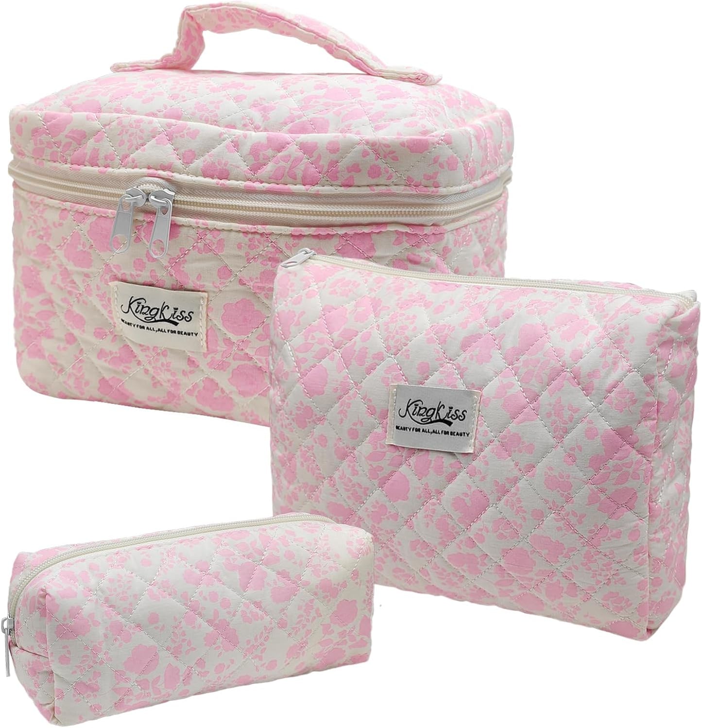 Quilted Makeup Bag, Large Capacity Travel Cosmetic Bag for Women and Girls, Aesthetic Storage for Daily and Travel Use (3pcs-Pink orchid)