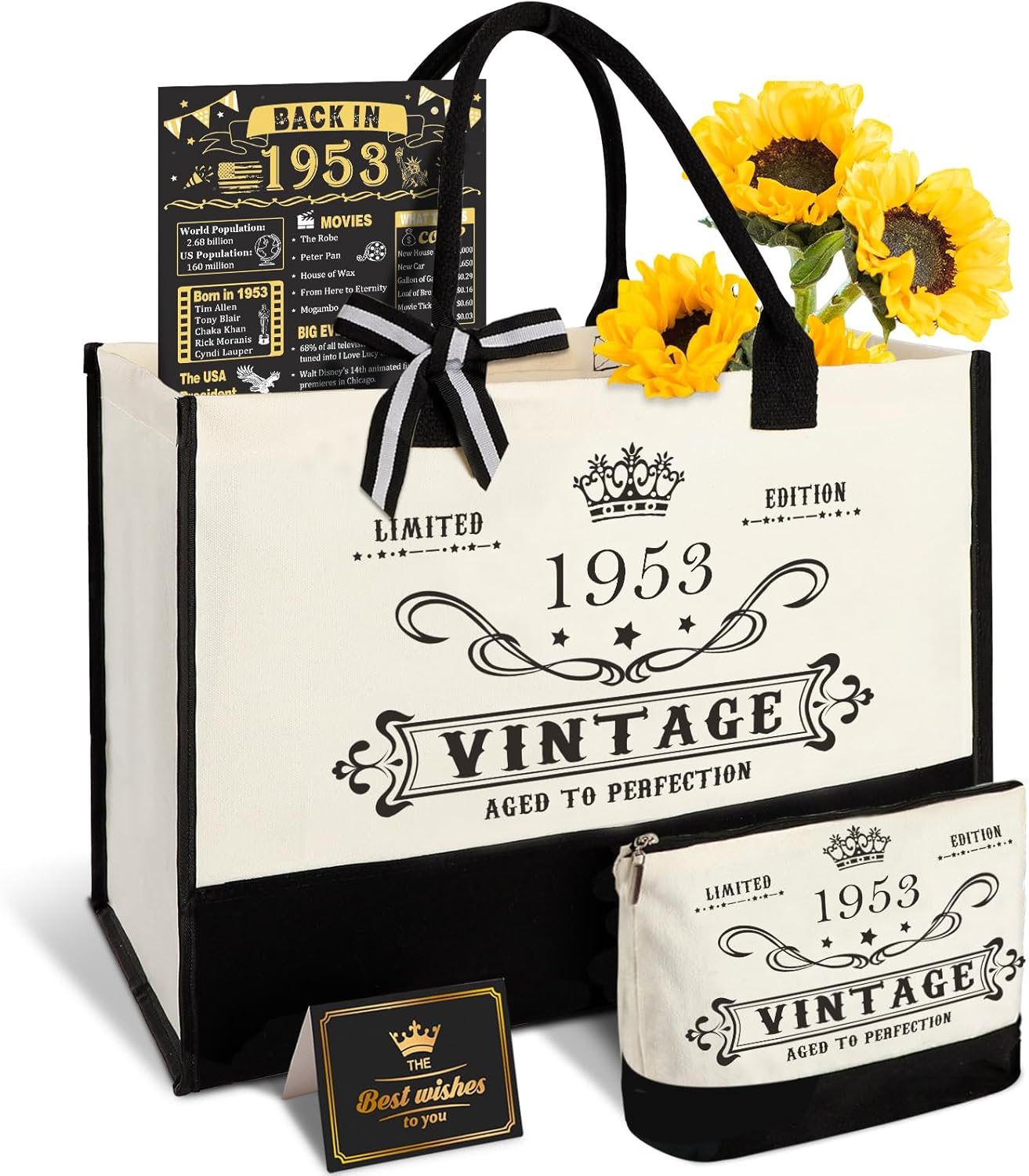 YeohJoy 72nd Birthday Gifts for Her Canvas Tote Bag Travel Gear, Unique 72 Years Old Birthday Gifts for Girlfriend Sister Friends Women, Vintage 1953 Handbag & Cosmetic Bag & Back in 1953 Poster