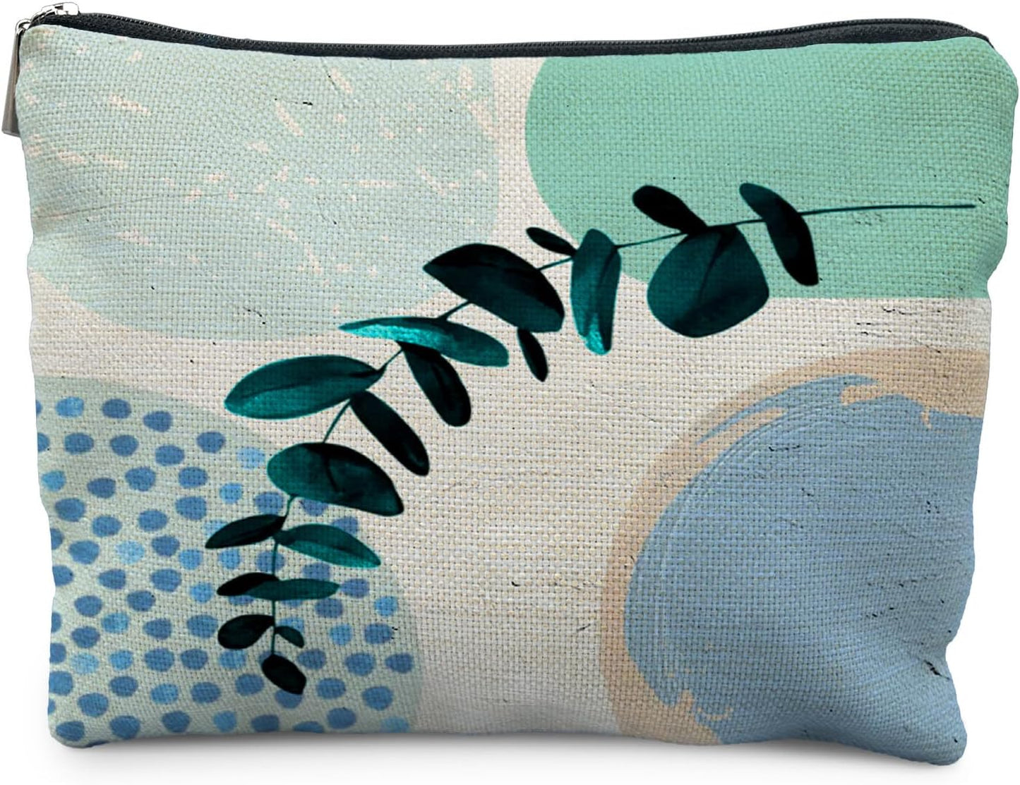 Abstract Boho Blue and Green Makeup Bag, Trendy Botanical Cosmetic Bags for Women, Boho Gifts for Women, Eucalyptus Leaf Botanical Zipper Makeup Pouch