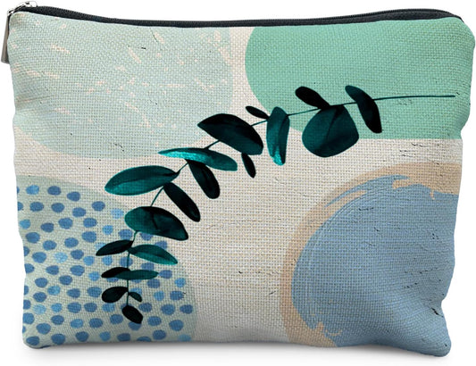 Abstract Boho Blue and Green Makeup Bag, Trendy Botanical Cosmetic Bags for Women, Boho Gifts for Women, Eucalyptus Leaf Botanical Zipper Makeup Pouch