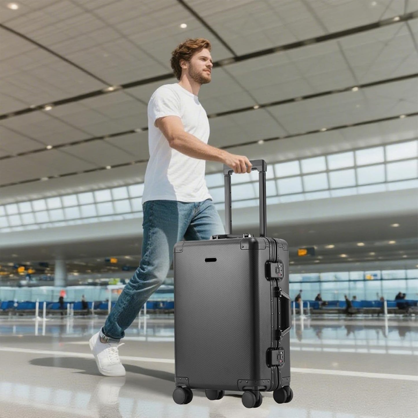 Tmore Aluminum Frame Luggage with No Need to Check in, Hardside Suitcase with Spinner Wheels, Metal Travel Luggage with Double Tsa Locks, 20 Inch, Black Small