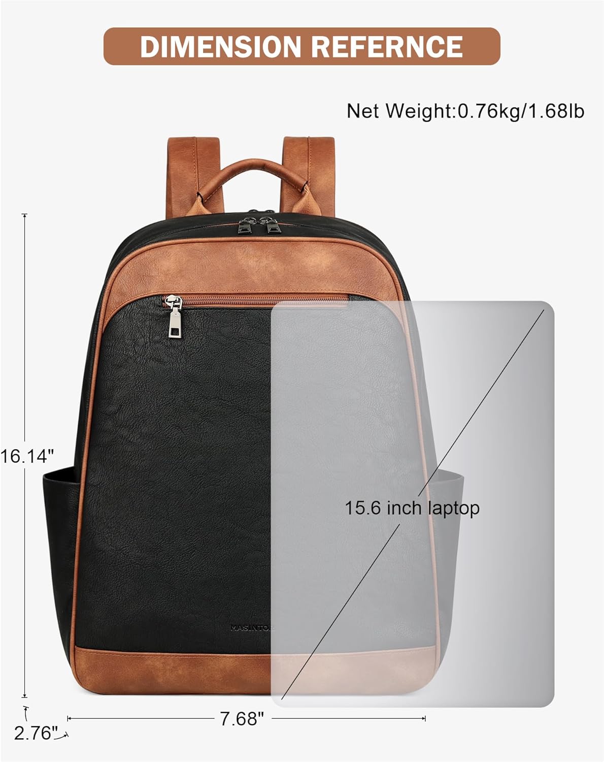 MASINTOR 15.6 inch Leather Laptop Backpack Purse for Women, Designer Travel and Work Bag with Laptop Compartment Black Brown