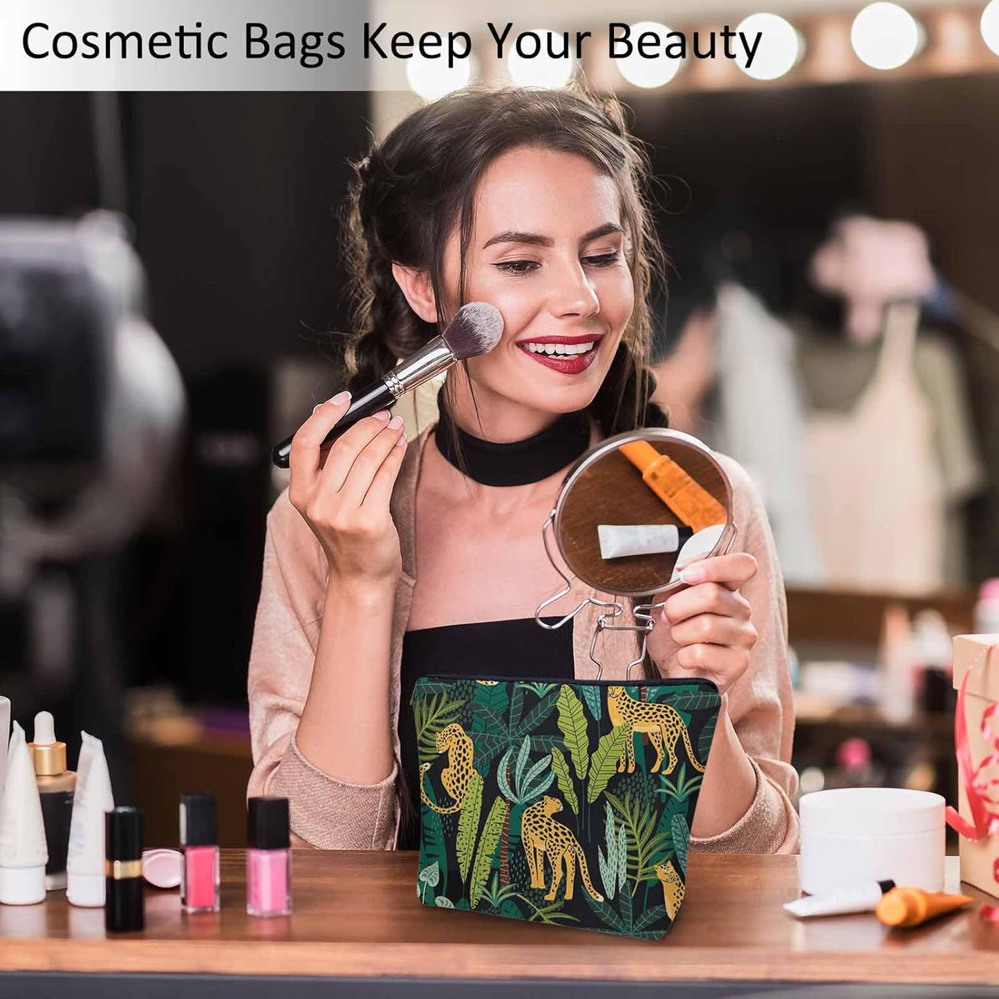 Leopard Cosmetic Travel Bag For Toiletries, Tropical Leaves Leopard Cheetah Makeup Bag Toiletry Bags For Women, Flax Cosmetic Bags Make Up Bag Purse Toiletries Bag Birthday Gift Yellow Green