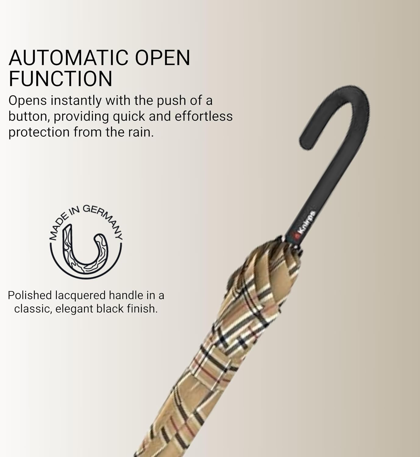 Knirps T.760 Stick Automatic Auto Open Rain Umbrella With Curved Handle - Windproof Travel Cane With Automatic Open Button - For Adults - 107cm Diameter