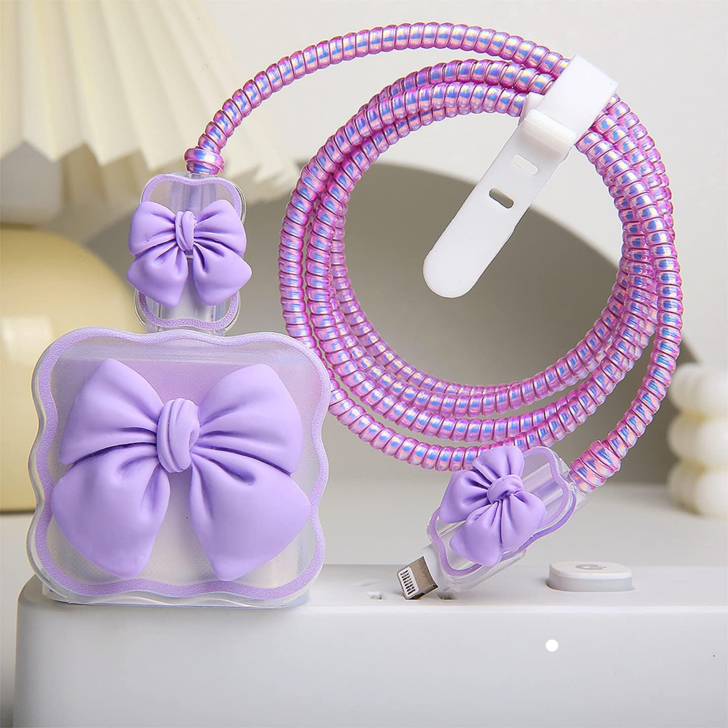 Compatible with iPhone 18W/20W USB-C Charger Cover Cute 3D Bow Tie Design Clear Soft Charger Protector Kawaii Cable Saver for iPhone 11 12 13 14 Pro Max Fast Power Adapter, Purple 2 (5in1)