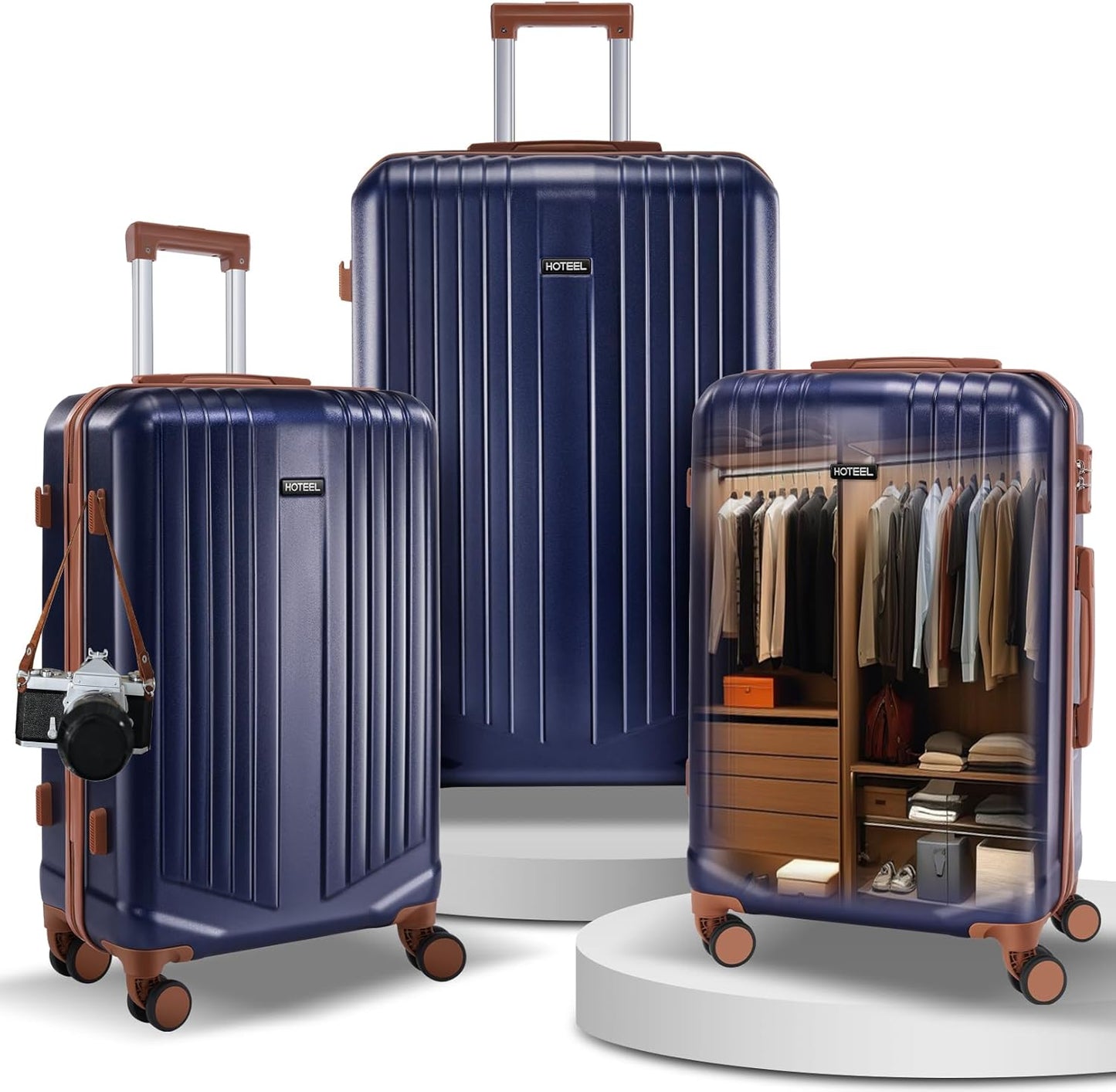 Hoteel 3-Piece Luggage Sets (4-YEAR WARRANTY) with Spinner Wheels, TSA Lock, 20 24 28 Inch Hardshell Suitcases for Travel, Lightweight Carry On & Checked Luggage Set （Dark Blue）
