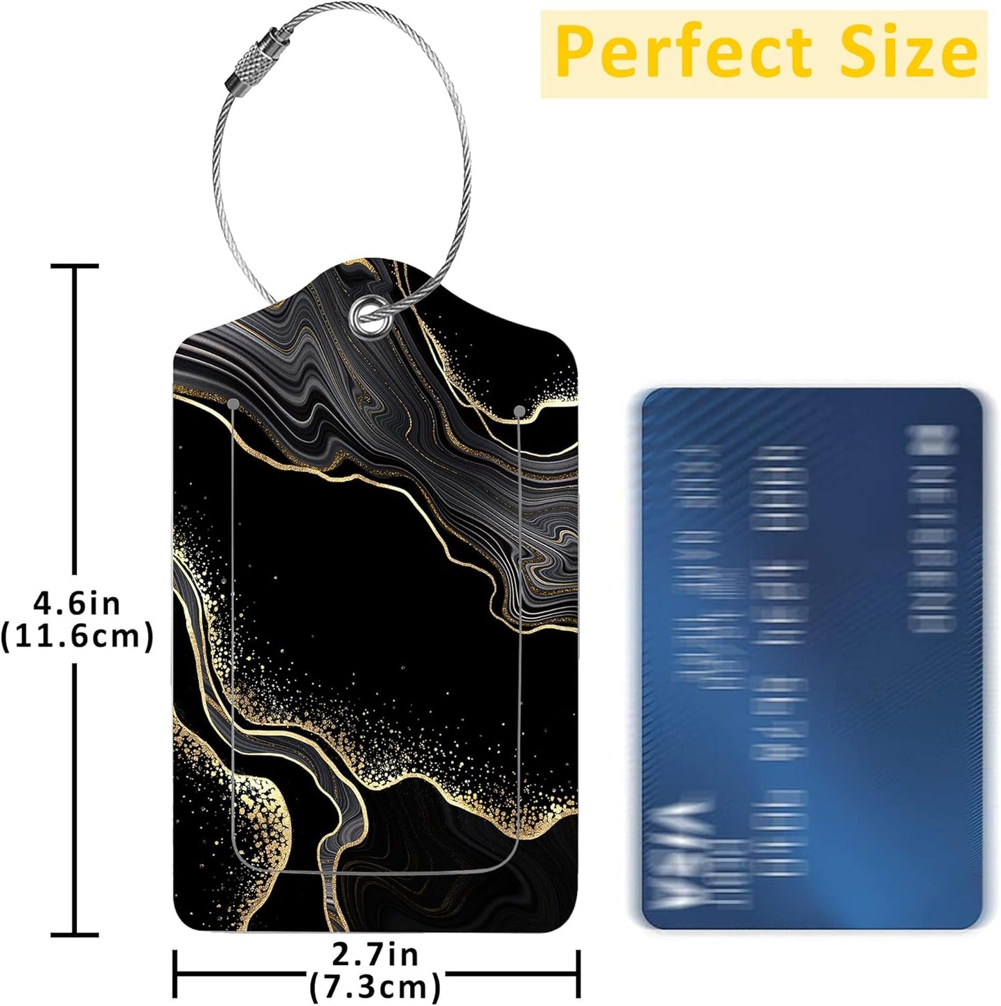 2 Pack Luggage Tag for Suitcase,Abstract Black Marble with Golden Veins PU Leather Suitcase Tags Identifiers with Privacy Name Address Labels and Durable Steel Loop for Women Men Travel