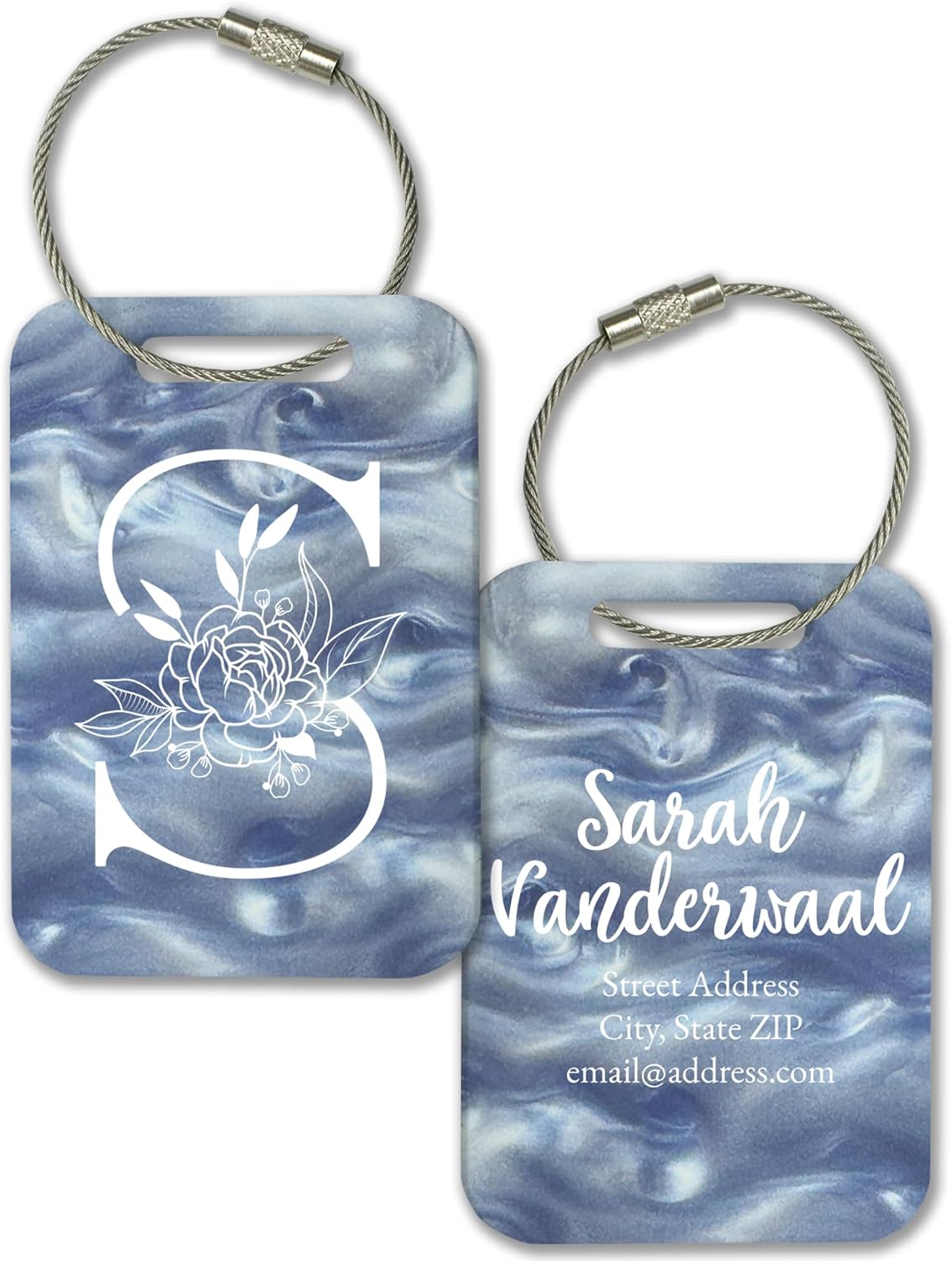 Personalized Monogram Name Tag for Luggage (3 or 6 Count Pack) | Custom Tag for Suitcase | Acrylic Name Tag for Travel | Choose Your Font & Color | Backpack ID Label (Monogram, Blue Marble)