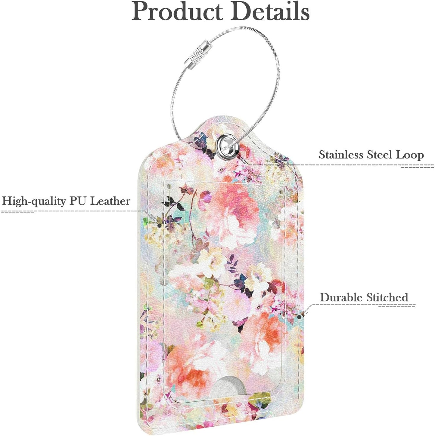 Luggage Tags for Suitcase, 2 Pack PU Leather Travel Cruise Luggage Tag with Privacy Flap, Name ID Label and Metal Loop for Women Men Suitcase Baggage Bag Backpack Instrument, Pink Rose Flower