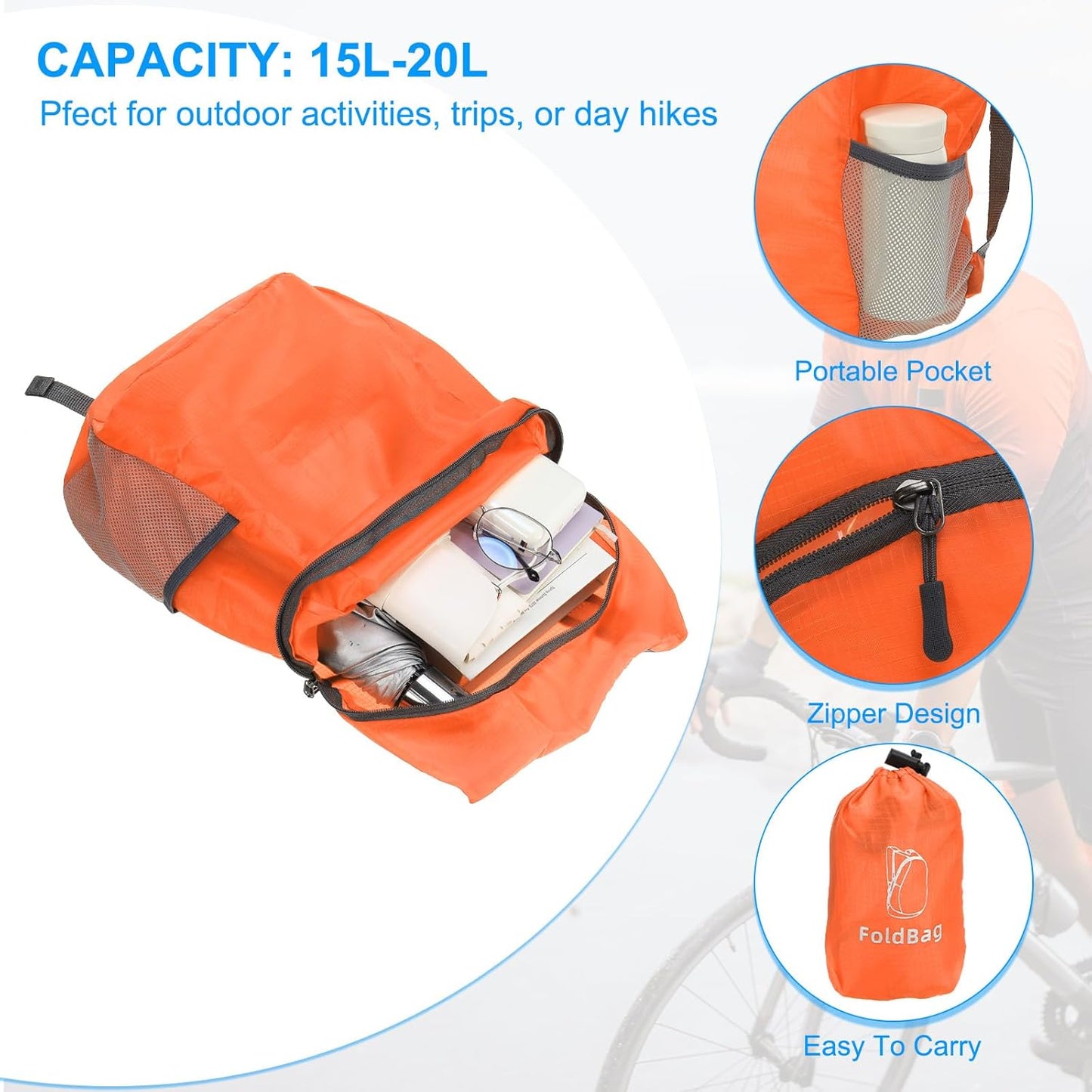PATIKIL Hiking Backpack, 15L-20L Packable Lightweight Backpack Daypack Small Foldable Outdoor Camping Cycling Backpacking Shoulder Bag, Orange