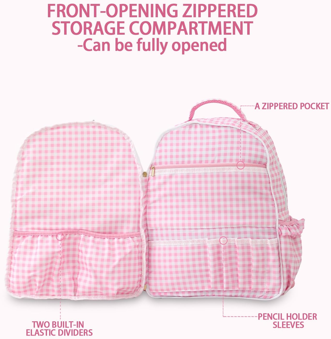 DYSHAYEN Kids Backpack for Girls, 15" Ruffled Backpack for School Kindergarten Bookbag 5-8, Fully Opened Compartment (Pink Gingham)
