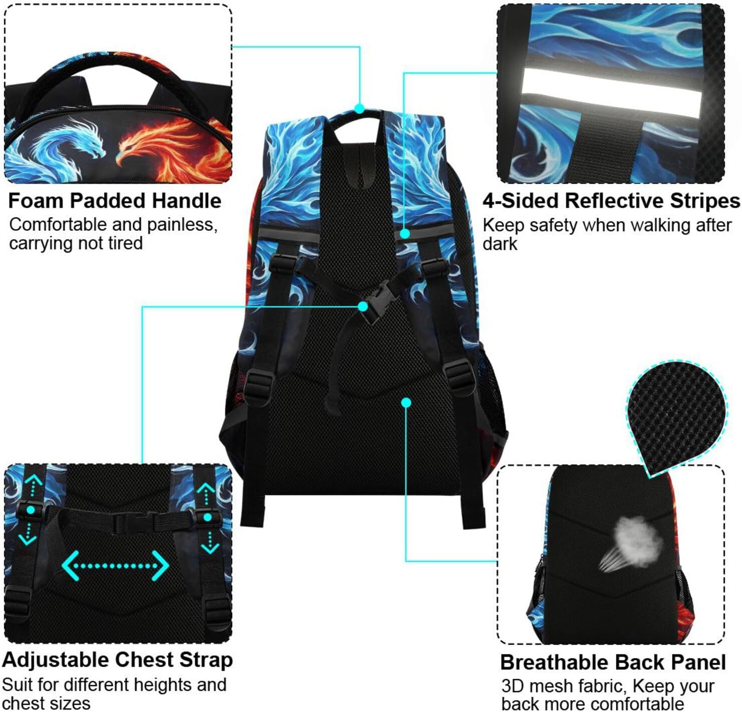 Dragon Phoenix Backpack for Boys Girls Elementary School Bag Kids Bookbag Travel Rucksack