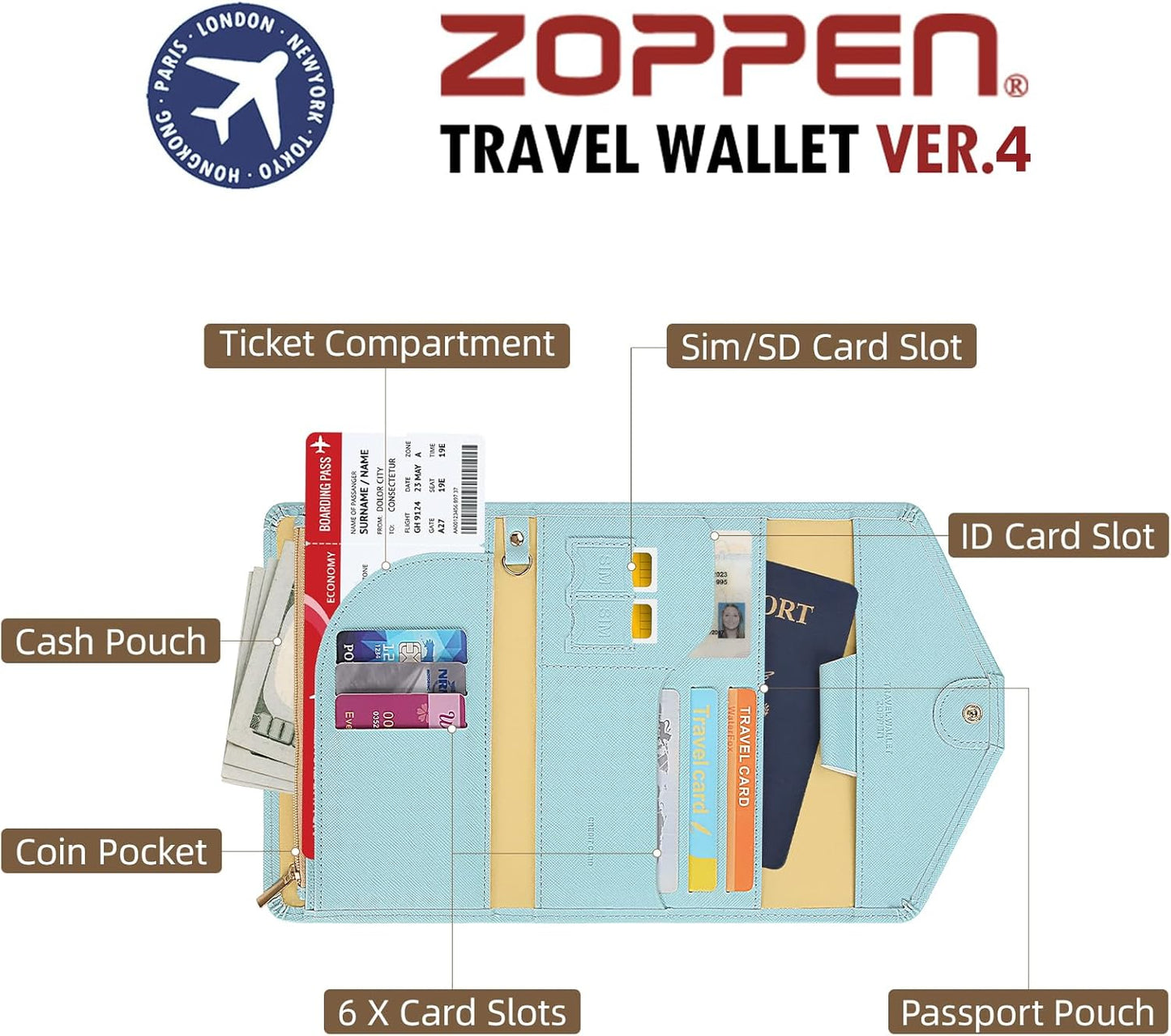 ZOPPEN Mulit-purpose Rfid Blocking Passport Holder Travel Wallet (Ver.4) Passport and Vaccine Card Holder ComboTri-fold Document Organizer Travel Essentials