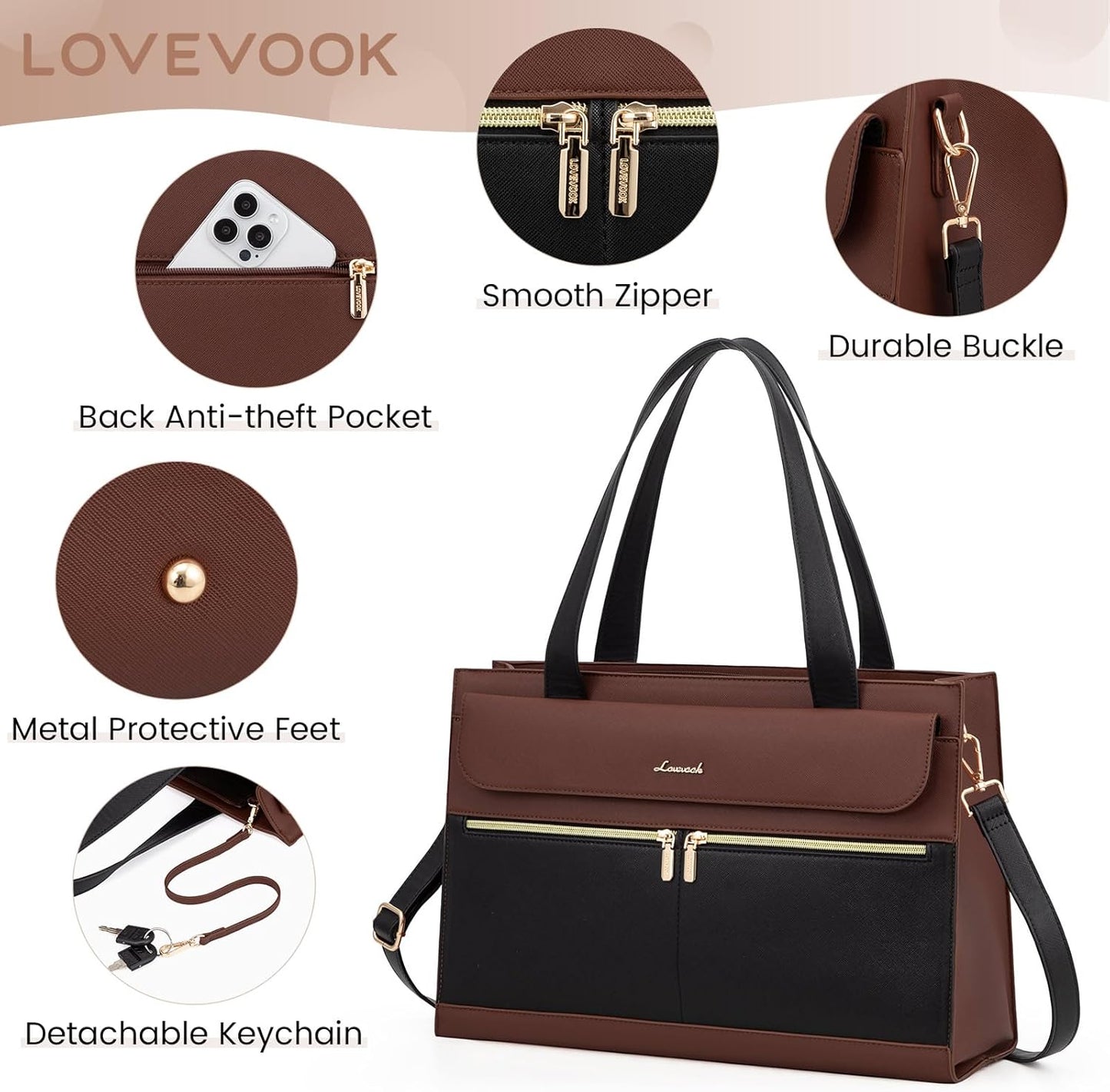 LOVEVOOK Laptop Bag for Women, Black- Brown