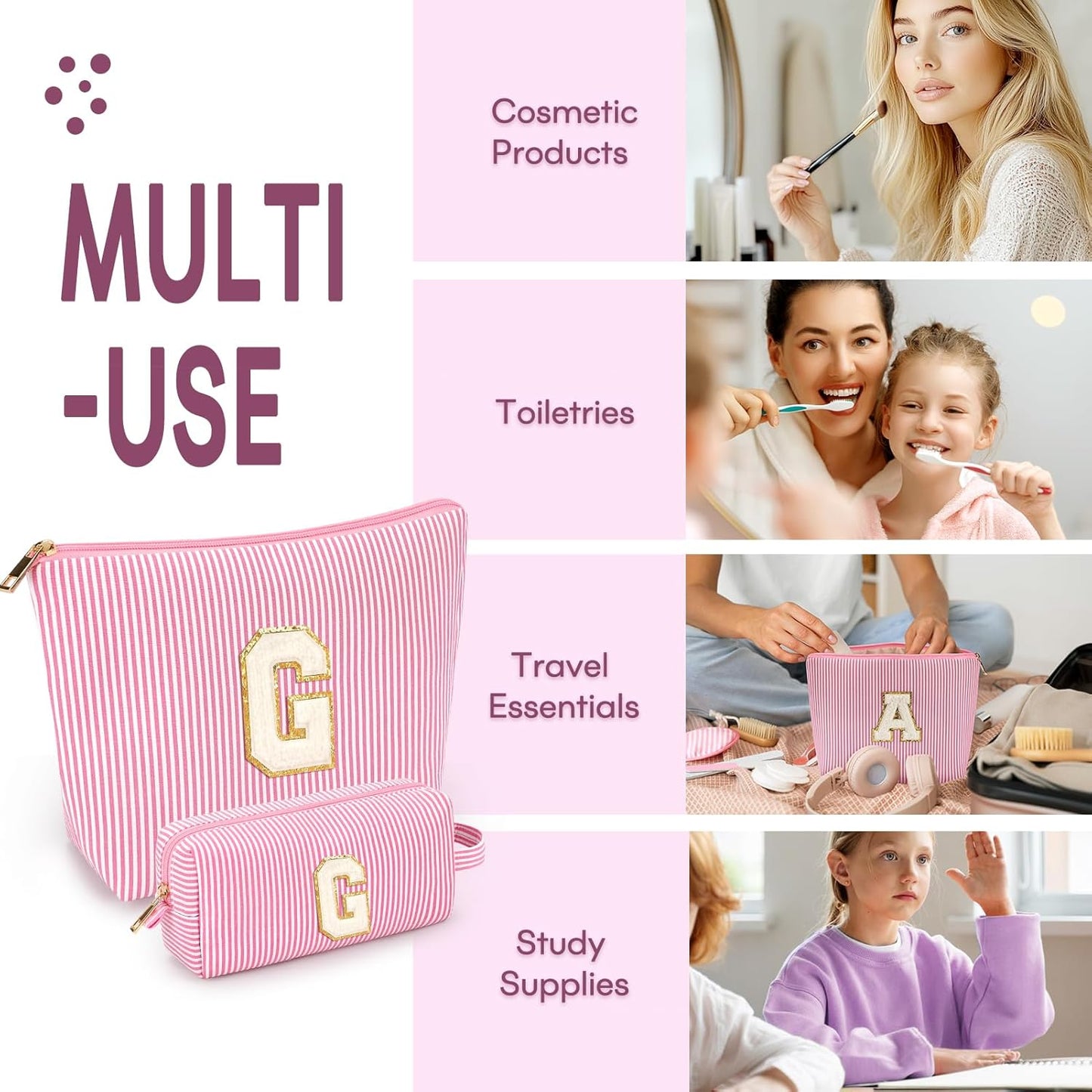 2 PCS Initial Makeup Bags for Women: Cosmetic Bag for Travel Toiletry - Birthday Gifts for 11 12 13 14 15 16 17 18 Years Old Girl Graduation Teacher Gift- Teen Girl Gifts Trendy Stuff - Pink G