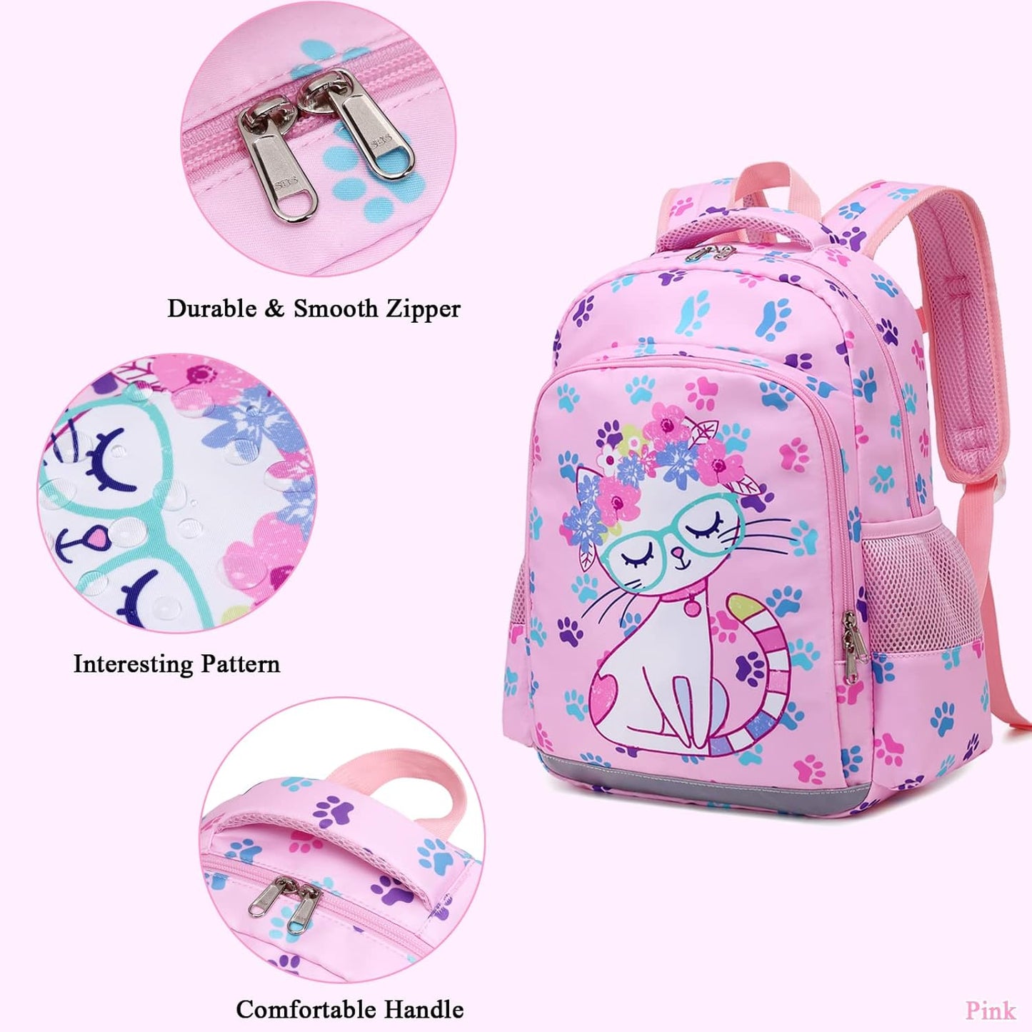 Octsky Backpack for Girls Kids School Backpacks with Lunch Box Preschool Kindergarten BookBag Set With Chest Strap Cat Pink