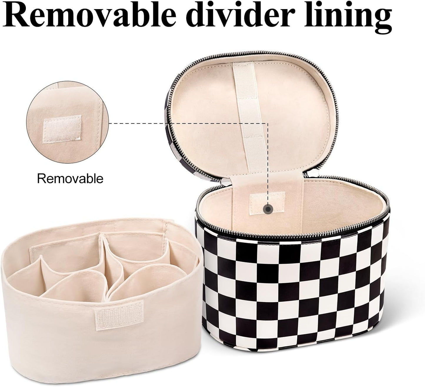 Makeup Bag, Checkered Makeup Bag with Compartments and Handle, Portable Cosmetic Organizer Bags,Toiletry Bag for Women