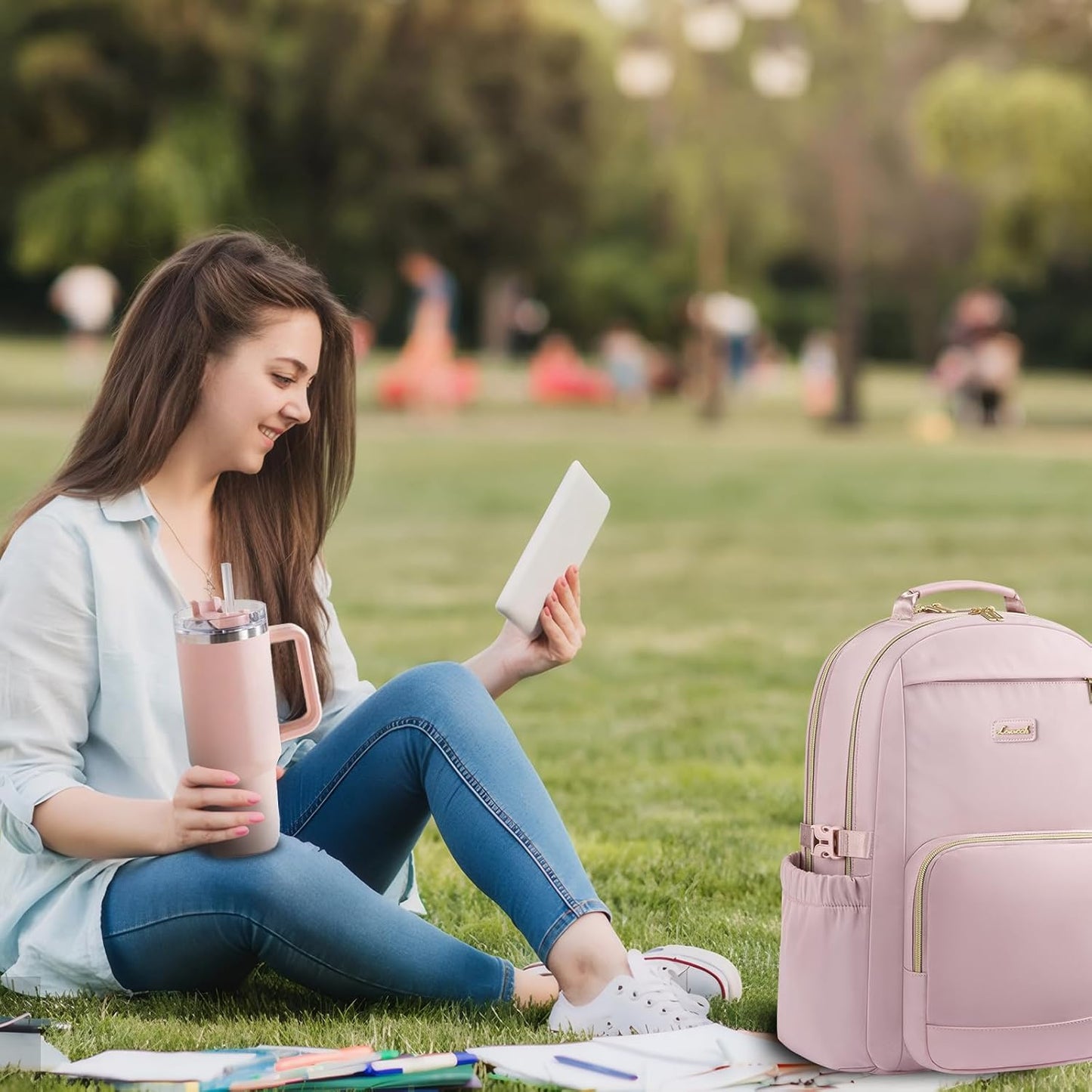 LOVEVOOK Laptop Backpack for Women with Pouch Pocket for Large Capacity Cup,15.6 Inch Teacher Nurse College Work Backpack Purse,Waterproof Laptop Bag Computer Carry on Back Pack for Travel, Light Pink