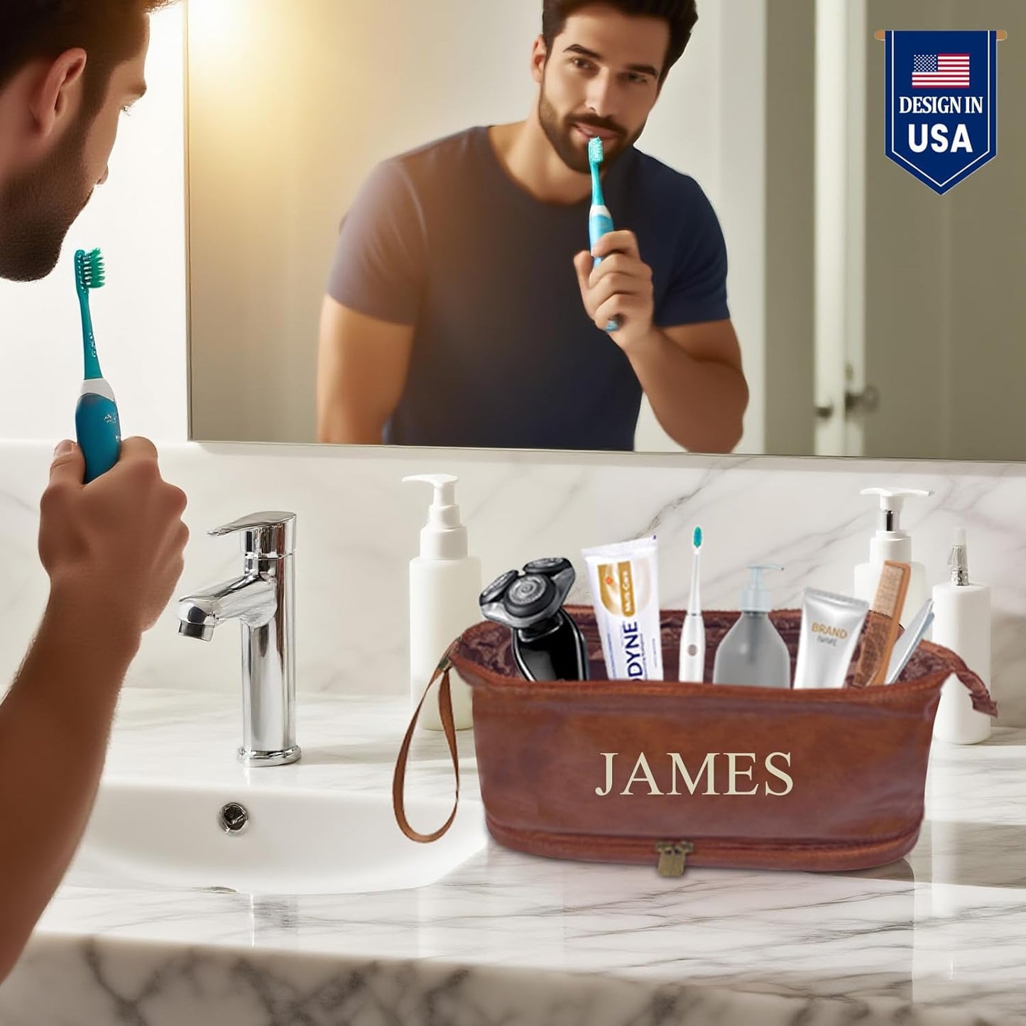 Personalized Leather Toiletry Bag for Men, Engraved Monogrammed Dopp Kit for Men,Travel Pouch,Shaving Bags,Gifts for Birthday,Anniversary,Travel,Dad,Husband,Grandpa,Lover,Groomsmen (STYLE 2)