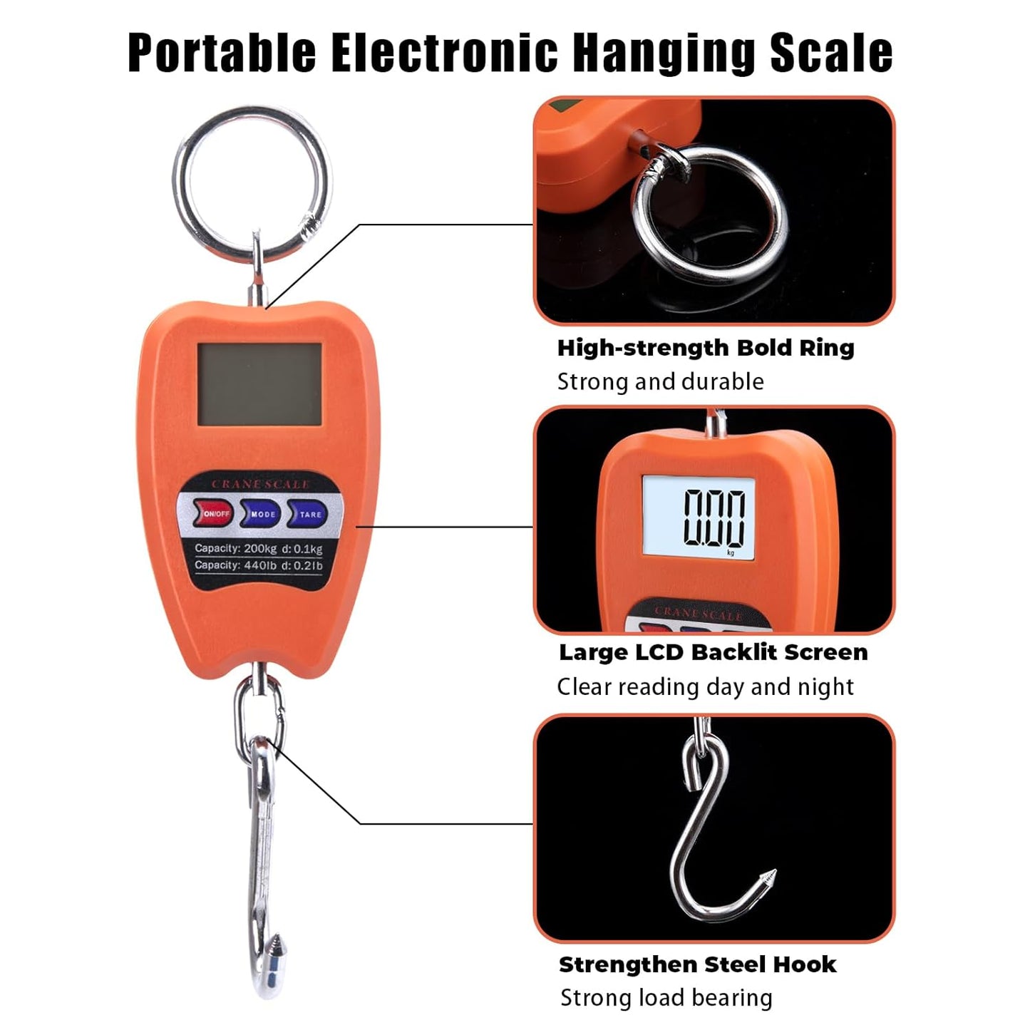 Goture Digital Hanging Scale,200kg/440lbs Crane Scales,Fishing Scale with LED Display, Heavy Duty Hanging Weight Scale for Fishing,Luggage,Big Game,Farm,Hunting,Industries,Warehouse