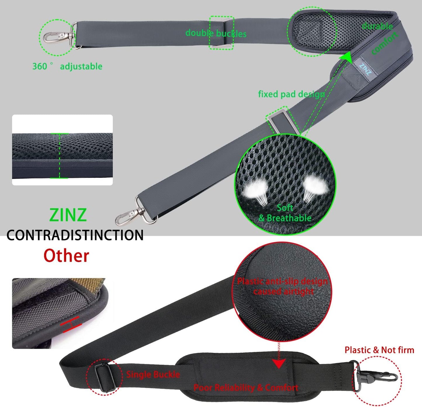 ZINZ 79 inch Shoulder Strap, Extra-thick Fixed Cushion Pad and Dual Clasps Universal Replacement Strap with Metal Swivel Hooks for Laptop Bags, Luggage Bags, Camera, Crossbody (200cm,Dark Gray)
