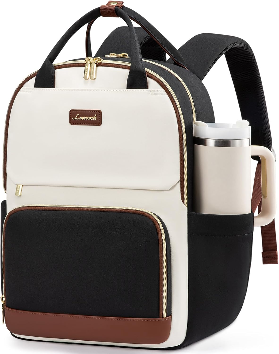 LOVEVOOK Laptop Backpack for Women with Giant Tumbler Holder Pocket, 15.6 inch Travel Work Backpack Purse for Teacher Nurse, Waterproof College Book Bag Cute Casual Daypack, Beige-Black-Brown