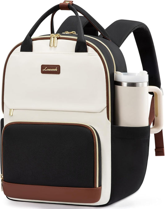 LOVEVOOK Laptop Backpack for Women with Giant Tumbler Holder Pocket, 18 inch Large Travel Work Backpack Purse for Teacher Nurse, Waterproof College Book Bag Cute Casual Daypack, Beige-Black-Brown