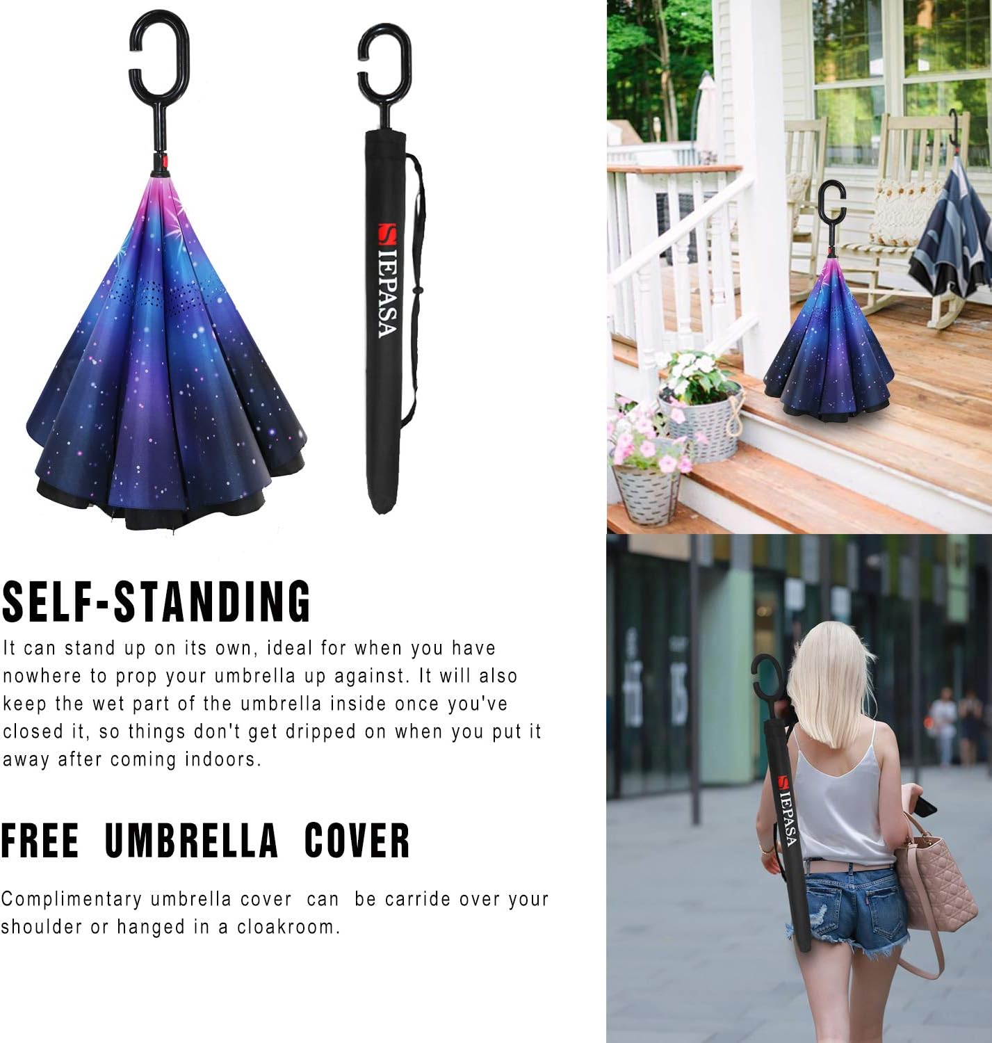 SIEPASA 49/56 Inch Inverted Reverse Upside Down Umbrella, Extra Large Double Canopy Vented Windproof Waterproof Stick Golf Umbrellas with C-shape Handle.